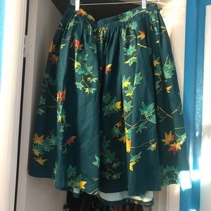 Pinup Couture Teal A-Line Skirt with Yellow & Red Leaf Print